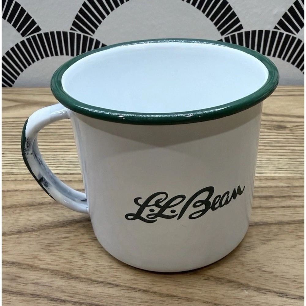 L.L. Bean Green & White Enamel Tin Metal Camp Mug GUC Maine Camping Hiking